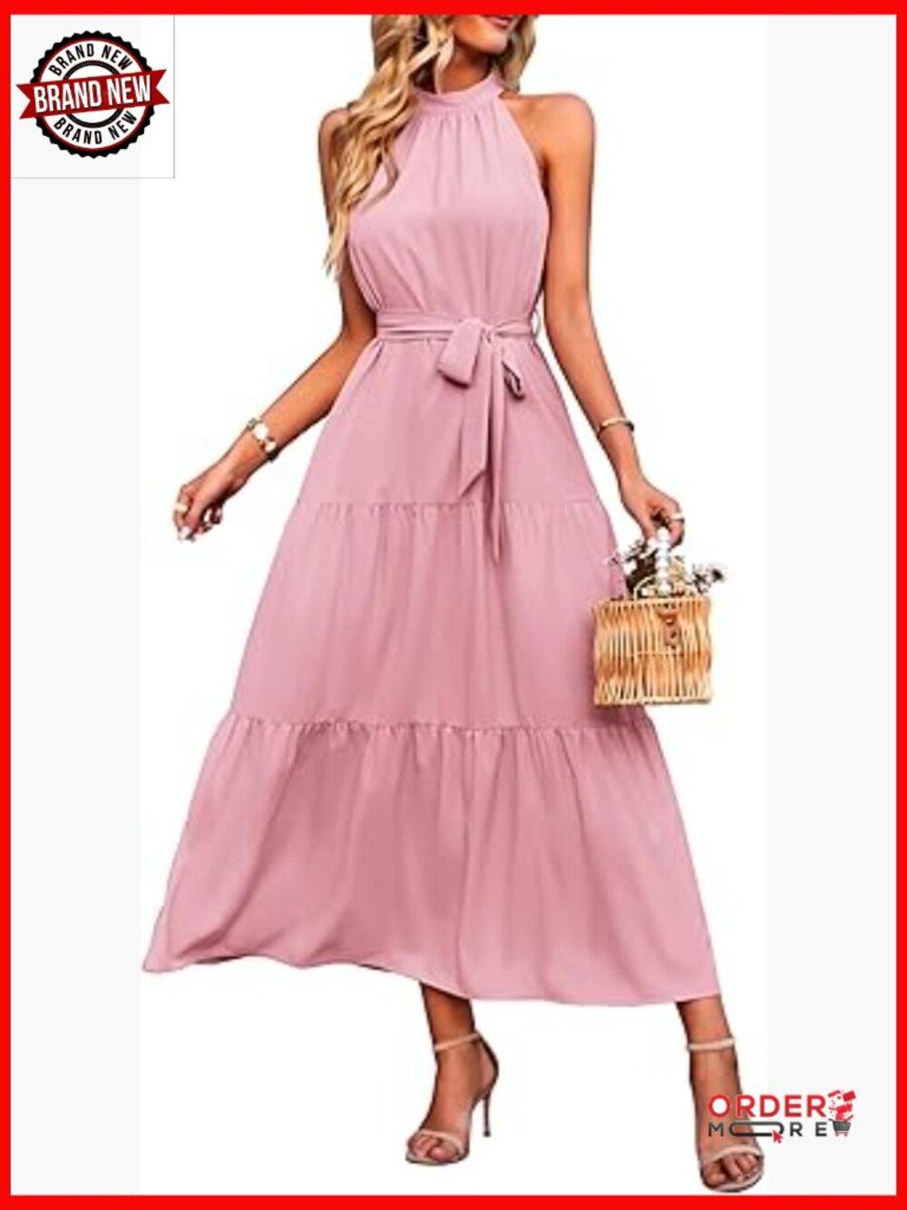 Sleeveless Halter Neck Flowy Ruffle Hem Maxi Dress with Belt